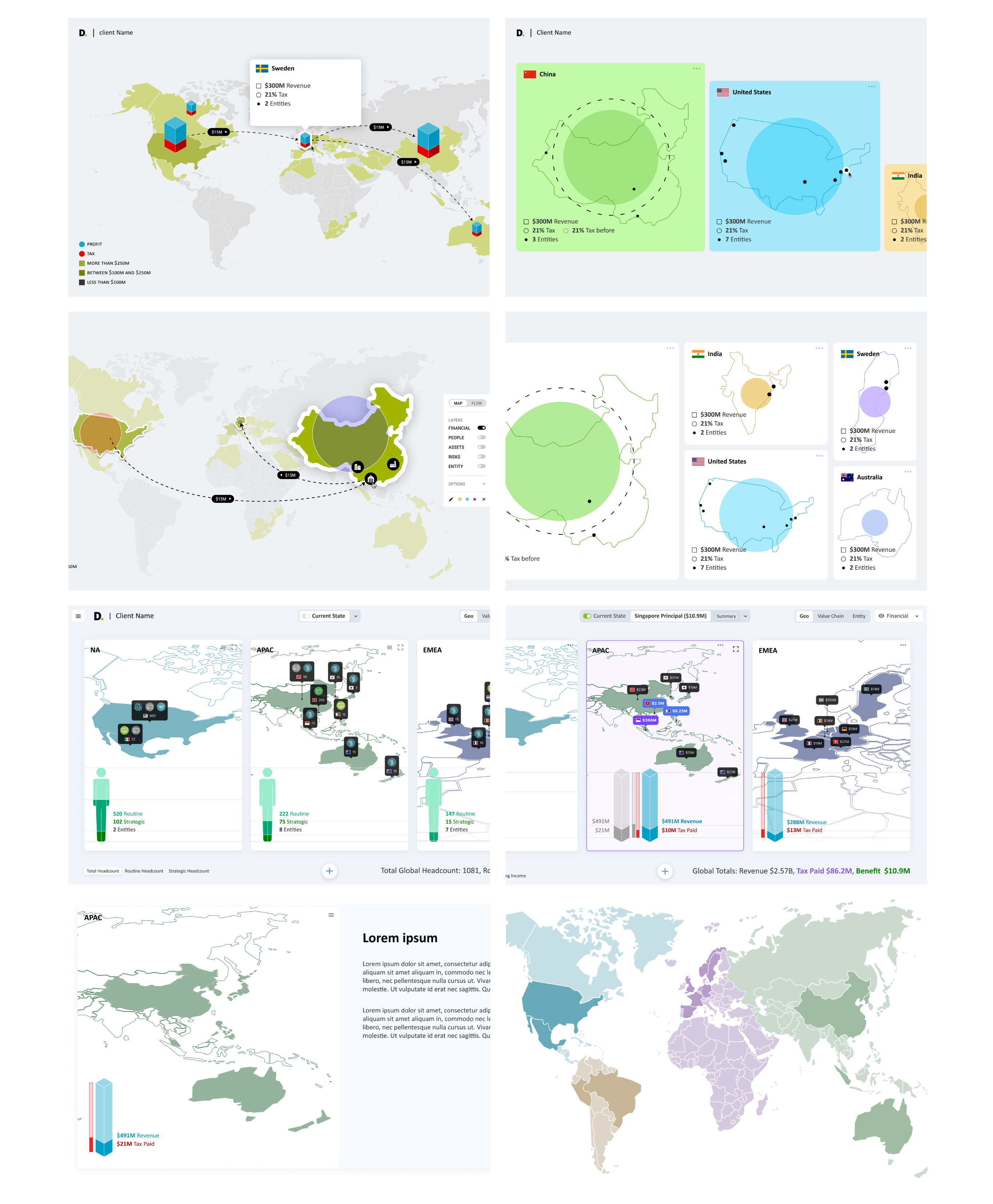 Deloitte VCA Platform final designs — Hero Map View showing global tax flows, Entity drilldowns by country, regional Strategy Creation views