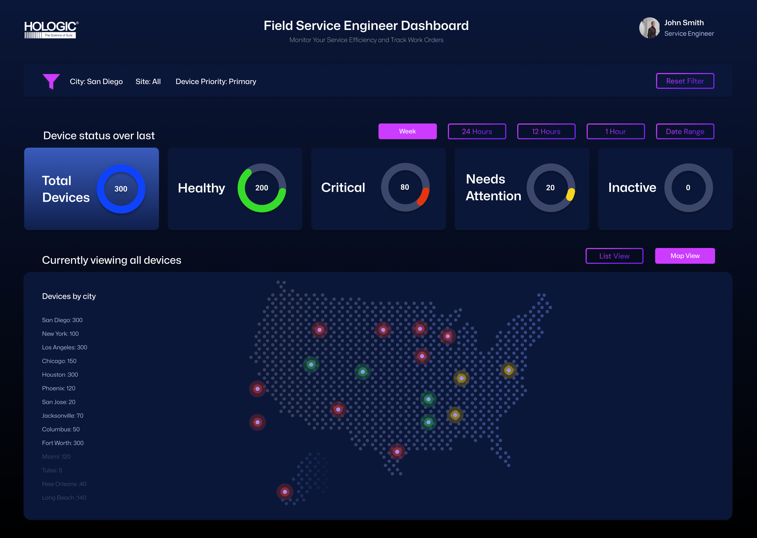 Field Service Engineer Dashboard — map view showing device distribution across the US