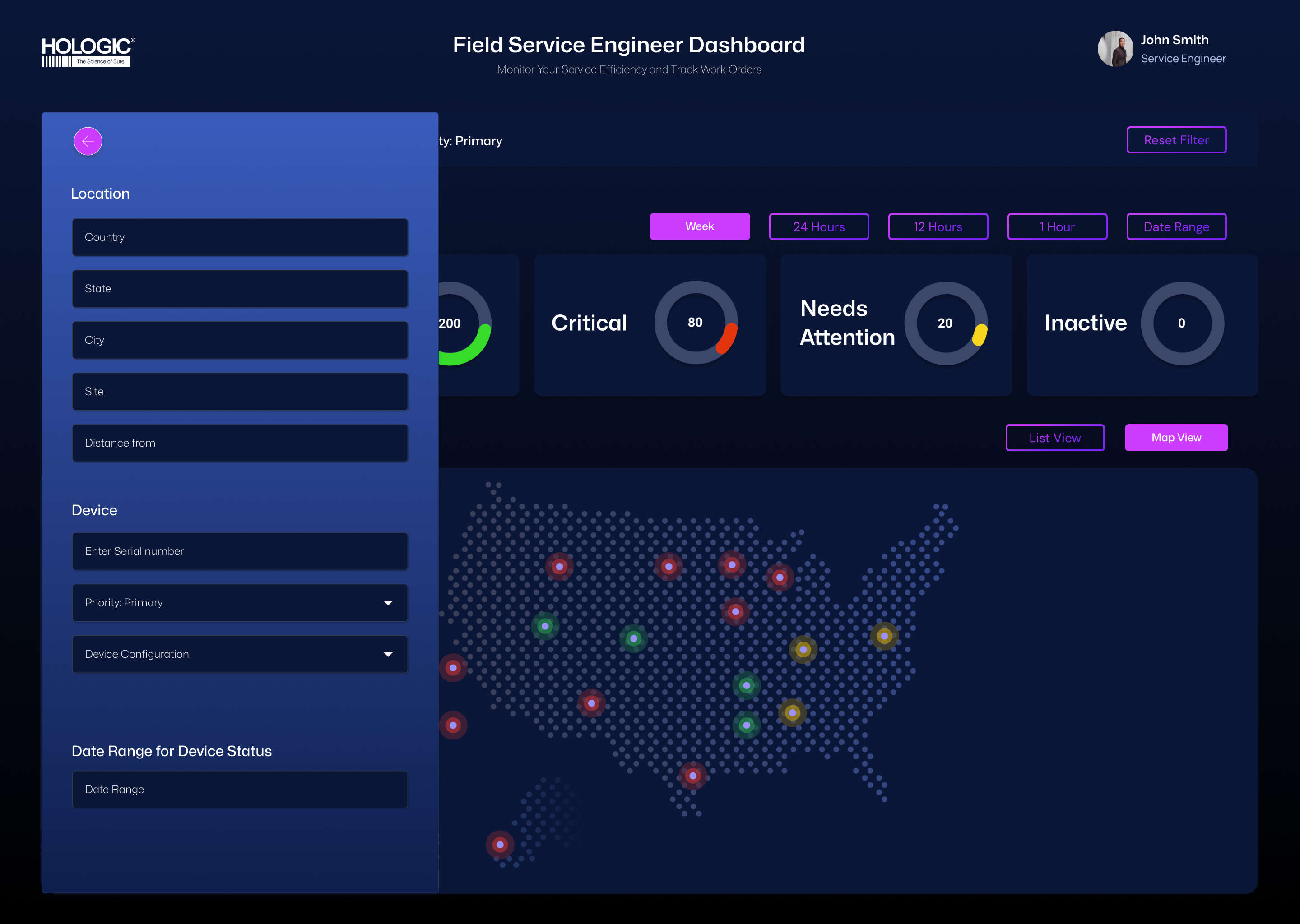 Field Service Engineer Dashboard — filter panel with location, device, and date range options